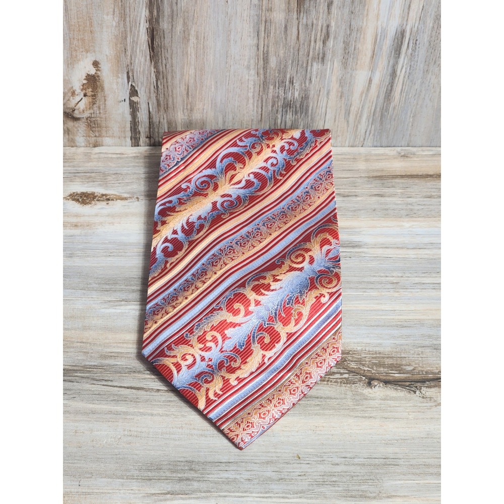 Angelino‎ Mens Red Gold Blue Silk Baroque Striped Jacquard Formal Necktie Tie
